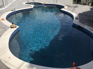Gray pavers with white coping and pebble finish