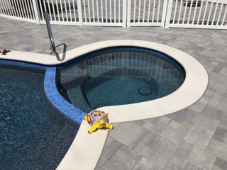 Gray pavers with white coping and pebble finish